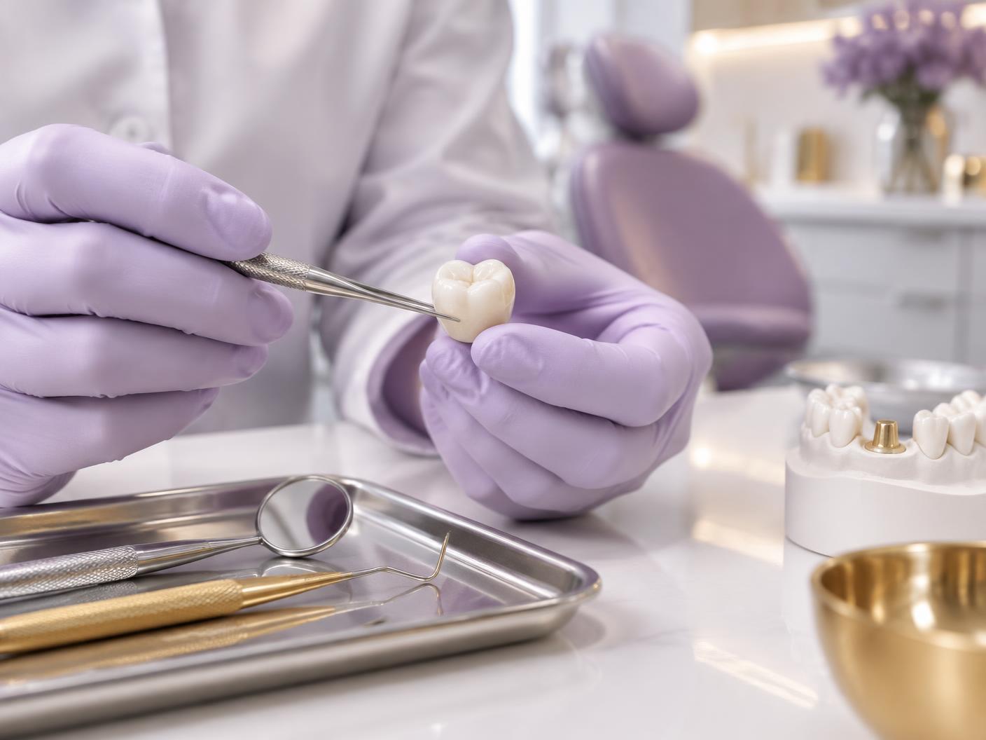 Corona dental de cerámica en manos de un profesional de Dentilife