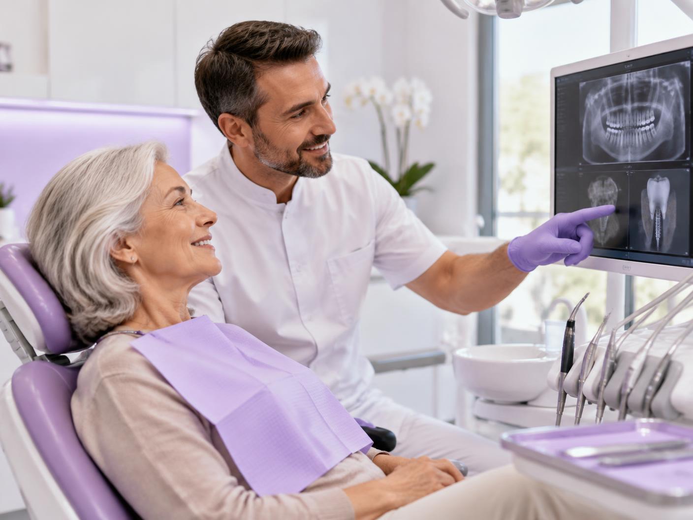 Profesional de Dentilife explicando un plan de tratamiento a una paciente